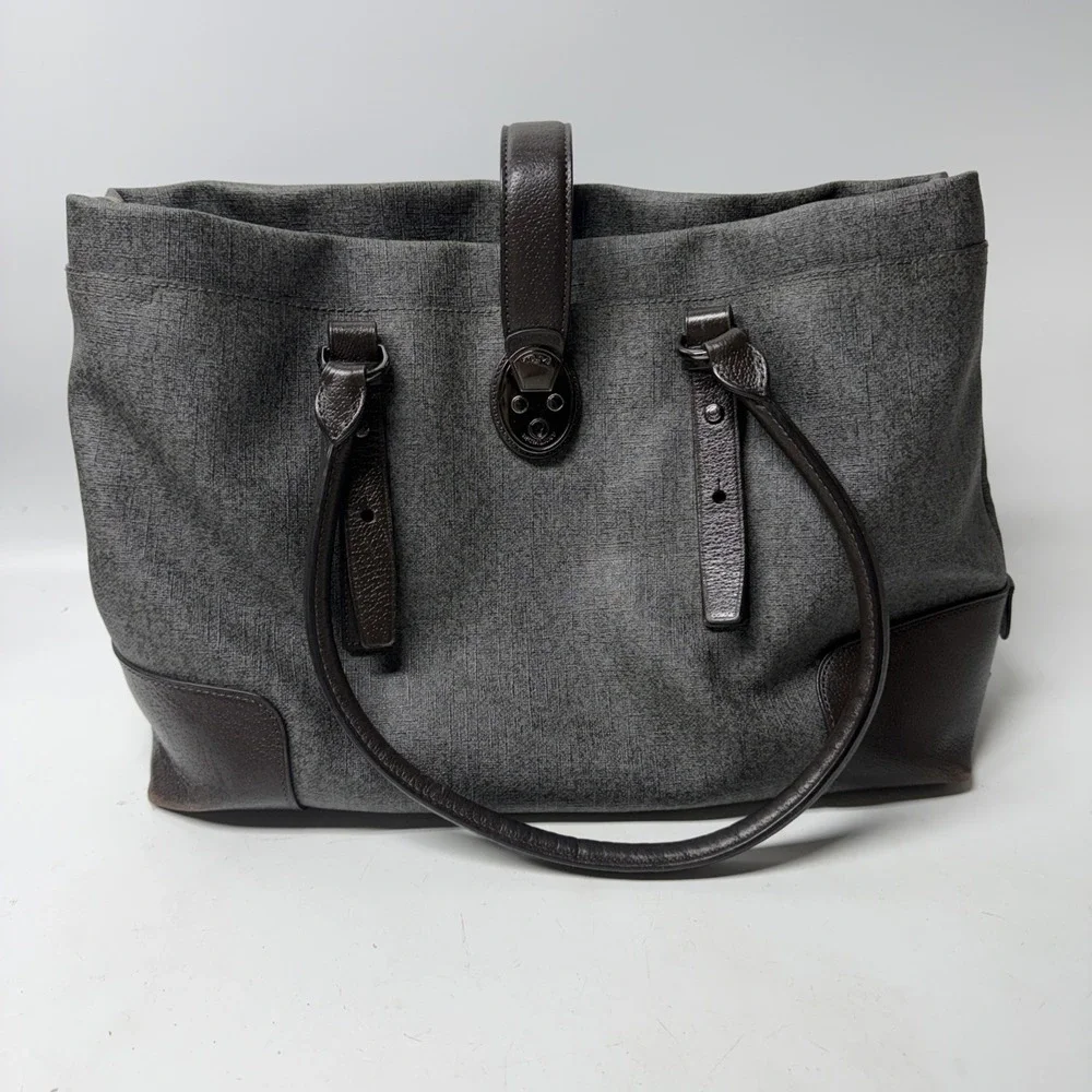 Tumi Lockable Villa Turin Shopper Laptop Bag Grey Coated Twill Brown Leather